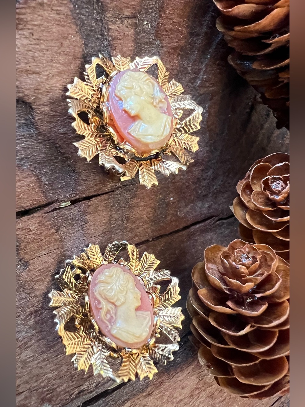 Costume Gold Tone Cameo Earrings Soft Peach Cream Lady Clip Ons Victorian